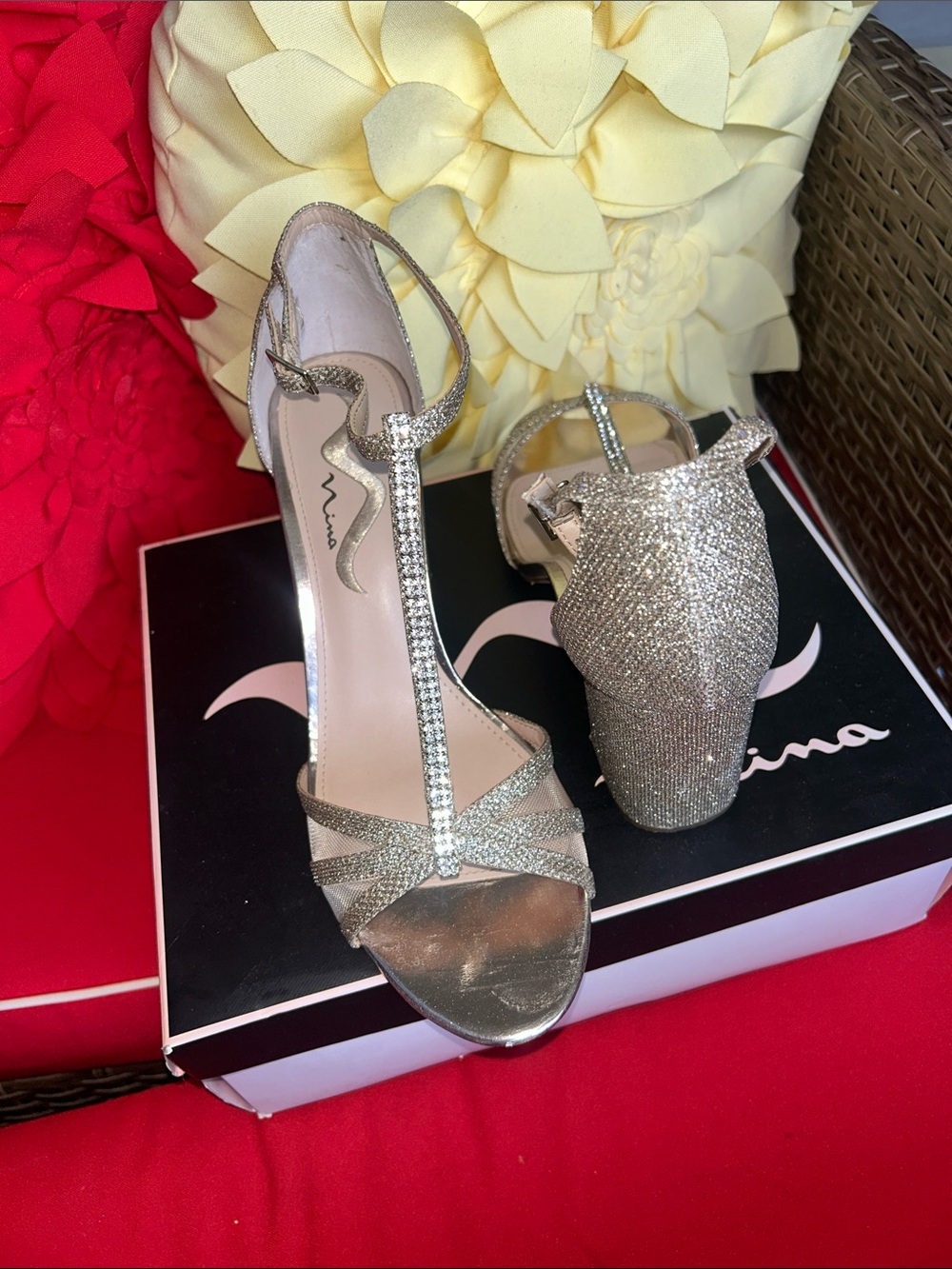Nina Glitter T-Strap Evening Heels in Champagne Gold - Picture 2 of 7